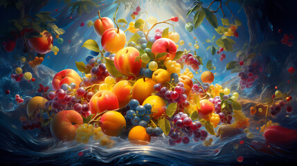 Obraz na płótnie Canvas A hypnotic whirl of fresh fruits like mangoes, berries, and melons caught in a whimsical whirlwind of icy mist, with a shower of cool, refreshing droplets surrounding them, portraying a surreal moment