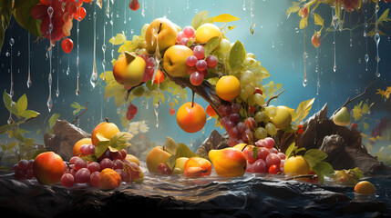 Obraz na płótnie Canvas A hypnotic whirl of fresh fruits like mangoes, berries, and melons caught in a whimsical whirlwind of icy mist, with a shower of cool, refreshing droplets surrounding them, portraying a surreal moment