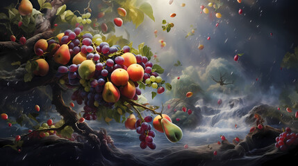 A hypnotic whirl of fresh fruits like mangoes, berries, and melons caught in a whimsical whirlwind of icy mist, with a shower of cool, refreshing droplets surrounding them, portraying a surreal moment