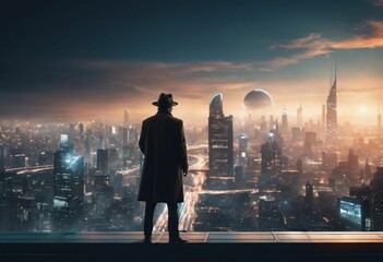 AI generated illustration of a male wearing a fedora on a rooftop overlooking a metropolitan skyline - obrazy, fototapety, plakaty