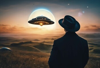 AI-generated illustration of a man wearing a hat looking up at an extraterrestrial spaceship