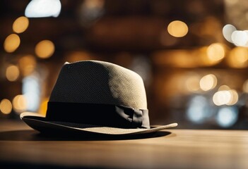 AI generated illustration of a black fedora hat on a dark wooden table top with a blurred background - obrazy, fototapety, plakaty