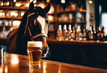 AI generated illustration of a horse standing behind a bar counter, drinking a beer from a stein - obrazy, fototapety, plakaty