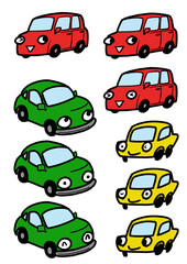 コミカルな表情の可愛い車のイラスト素材 赤色 黄色 緑色