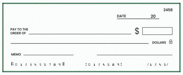 Blank bank check, checkbook cheque template or money payment paper voucher, vector mockup. Business or personal account cash pay cheque certificate or paycheck coupon from checkbook