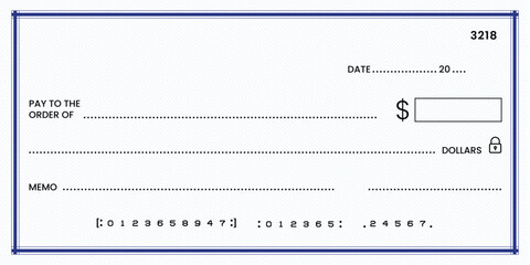 Blank bank check, checkbook cheque template or money payment paper voucher, vector mockup. Business or personal account cash pay cheque certificate or paycheck coupon from checkbook