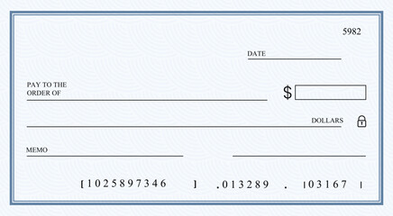 Fototapeta na wymiar Blank bank check, checkbook cheque template or money payment paper voucher, vector mockup. Business or personal account cash pay cheque certificate or paycheck coupon from checkbook