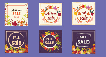 Autumn or Fall sale banner, background set with colorful leaves. Autumn discount, Hello Fall social media poster design templates with foliage frame.