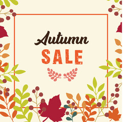 Autumn or Fall sale banner, background set with colorful leaves. Autumn discount, Hello Fall social media poster design templates with foliage frame.