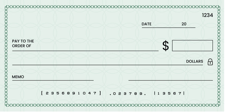 Blank bank check, checkbook cheque template or money payment paper voucher, vector mockup. Business or personal account cash pay cheque certificate or paycheck coupon from checkbook