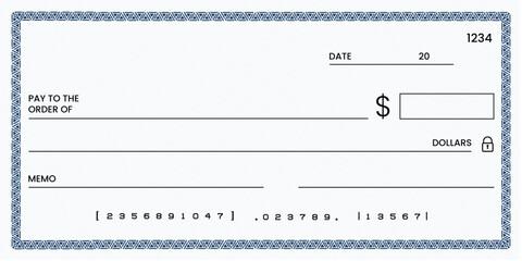 Blank bank check, checkbook cheque template or money payment paper voucher, vector mockup. Business or personal account cash pay cheque certificate or paycheck coupon from checkbook