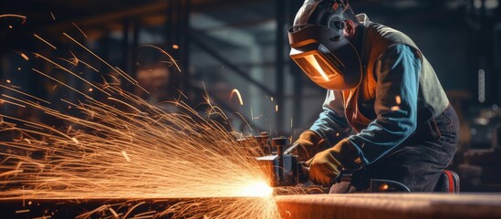 Craftsman using gas cutting machine in steel fabrication for construction industry sparks produced - Powered by Adobe