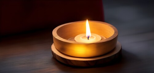 Fototapeta na wymiar Diwali candle on wooden table with bokeh dark background, text space for quote