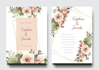 Fototapeta na wymiar Corner of nude roses flower arrangement on wedding invitation background