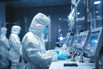 A man in a laboratory suit is standing in a sterile room with a microscope and a monitor - obrazy, fototapety, plakaty