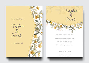 Corner of yellow freesia flower arrangement on wedding invitation background.