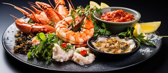 Lunch at a gourmet restaurant with a healthy delicious seafood platter for 2 4 people including lobster octopus blue mussels king prawns and tuna tartare - obrazy, fototapety, plakaty