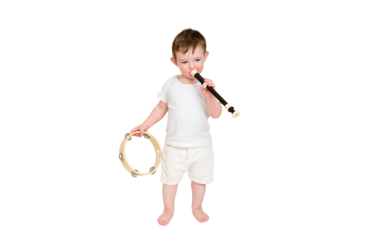 Happy baby play musical instruments on studio, isolated on white background. Portrait of a smiling child and playing the flute. Kid about two years old (one year nine months)