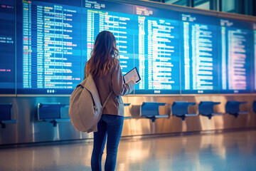 A woman with a backpack looks at the plane schedule at the airport.