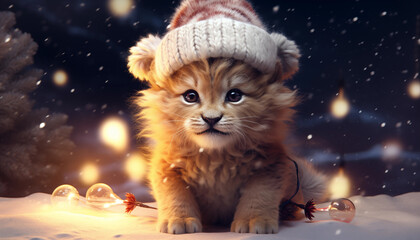 Tiny Cute and Adorable Kawaii Lion Wearing Christmas Outfit