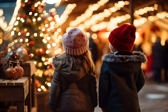 rear view of two young children in Christmas market at night with lights