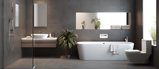 Fototapeta na wymiar Modern apartment with stylish white bathroom featuring glass shower toilet and bathtub
