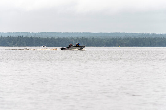 river and islands in morning mist at Kejimkujik National Park Designated Canoe ride Wilderness Nova Scotia Canada