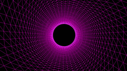 Purple wireframe tunnel, Abstract wireframe funnel. Abstract dynamic wormhole tunnel on black background. Deep wavy wormhole. 3d rendering