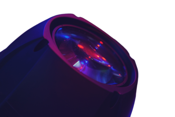 Close-up of a red lens in a dark room with musical lights, isolated on white background