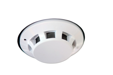 Smoke detector in the train, close up, isolated on white background. Fire alarm system on a white ceiling, close up of smoke detector