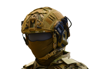 Helmet with headphones for an army radio on a mannequin, isolated on white background. Portable military communications
