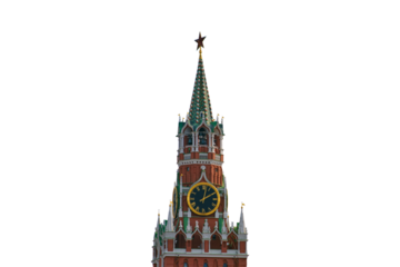 Spasskaya tower of the Moscow Kremlin on a background of blue sky, isolated on white background