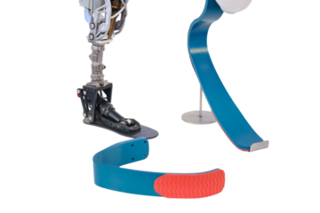 Artificial limb prosthetic arm with blue and red, isolated on white background.