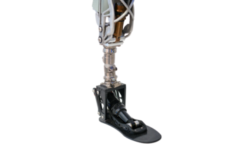 Artificial limb technology to participate in extreme sports, showcasing determination and a healthy lifestyle, isolated on white background.