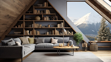 Scandinavian home interior design of a modern living room in a attic of a mountain villa in the Alps.