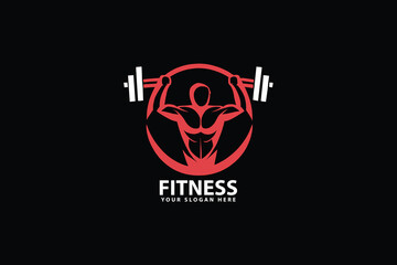 Fitness bodybuilding gym logo design template with a symbol of strong muscle, athlete, power, and vector illustration.