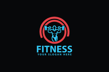 Fototapeta na wymiar Fitness bodybuilding gym logo design template with a symbol of strong muscle, athlete, power, and vector illustration.