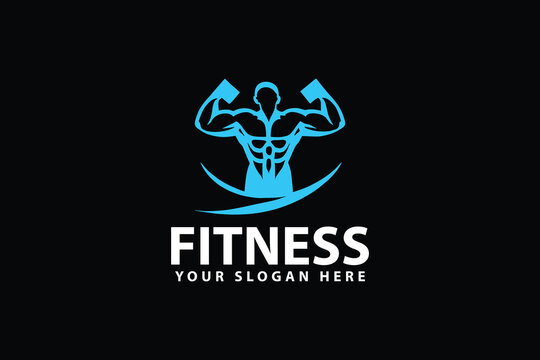 Fitness bodybuilding gym logo design template with a symbol of strong muscle, athlete, power, and vector illustration.