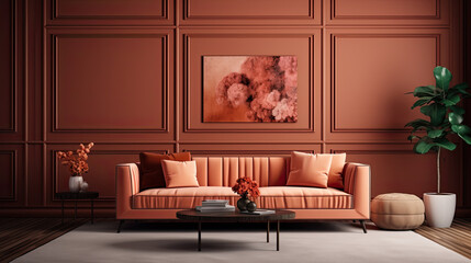 Terracotta colored velvet sofa in a brick red room with a painting. Mid century interior design of modern living room.