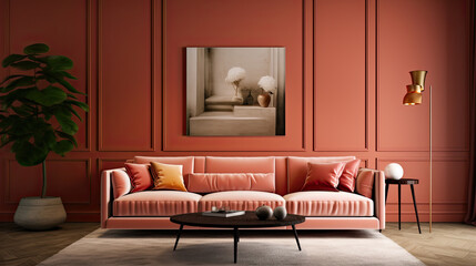 Terracotta colored velvet sofa in a brick red room with a painting. Mid century interior design of modern living room.