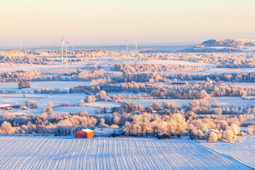 Snow and frost in a beautiful rural landscape view