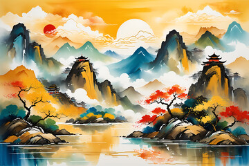 Chinese Style Golden Artistic Conception Landscape Abstract Water and Mountain Painting