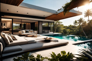 Fototapeta premium Modern Living in a Villa with an Expansive Open Living Wing