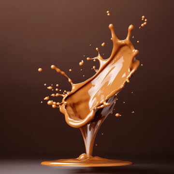 Advertising photograph with jets of melted chocolate falling. The background is a plain color that contrasts with the chocolate. Ideal image to add a product. I