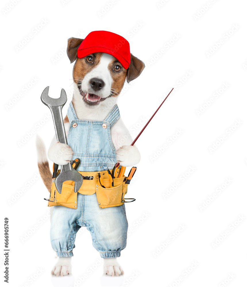 Aufkleber funny jack russell terrier puppy wearing red cap and overalls with tool belt holds adjustable wrench