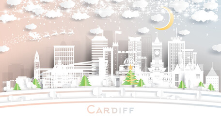 Cardiff Wales. Winter City Skyline in Paper Cut Style with Snowflakes, Moon and Neon Garland. Christmas, New Year Concept. Cardiff Cityscape with Landmarks.