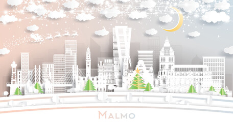 Malmo Sweden. Winter City Skyline in Paper Cut Style with Snowflakes, Moon and Neon Garland. Christmas, New Year Concept. Malmo Cityscape with Landmarks.