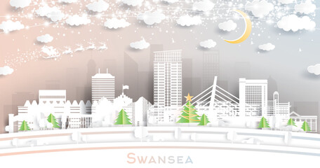 Swansea Wales. Winter City Skyline in Paper Cut Style with Snowflakes, Moon and Neon Garland. Christmas, New Year Concept. Swansea UK Cityscape with Landmarks.