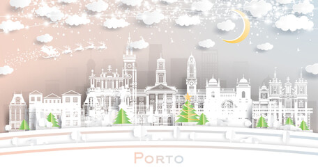 Porto Portugal. Winter City Skyline in Paper Cut Style with Snowflakes, Moon and Neon Garland. Christmas, New Year Concept. Porto Cityscape with Landmarks.