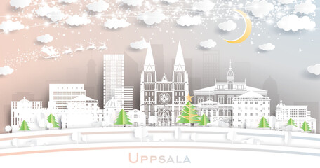 Uppsala Sweden. Winter City Skyline in Paper Cut Style with Snowflakes, Moon and Neon Garland. Christmas, New Year Concept. Uppsala Cityscape with Landmarks.